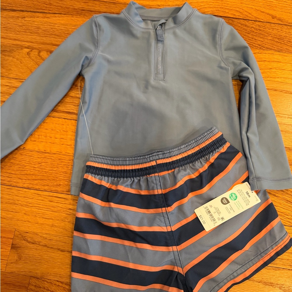 Kids Blue and Coral Striped Swim Shorts and Swim Shirt - NWT